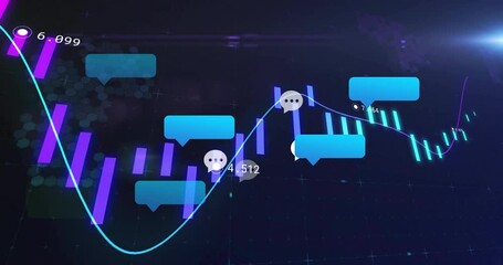 Poster - Floating chat bubble icons drifting across dark grid, highlighting neon candlestick chart patterns
