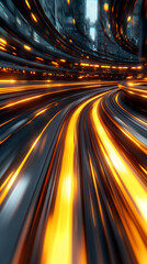 Poster - Glowing round illuminated lines with motion blur represent futuristic speed connectivity and infinite energy in a 360-degree panoramic view symbolizing seamless technology and limitless flow


