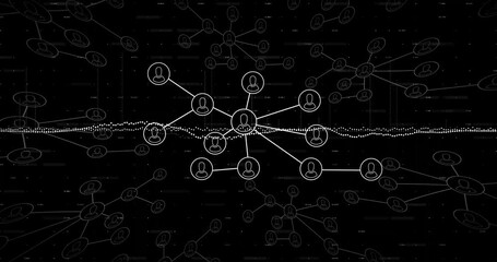 Poster - visualizing central network node emitting connections in dark digital ui featuring white icons