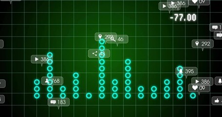 Poster - Neon cyan circles forming bar chart animating on dark grid interface, showing social media metrics