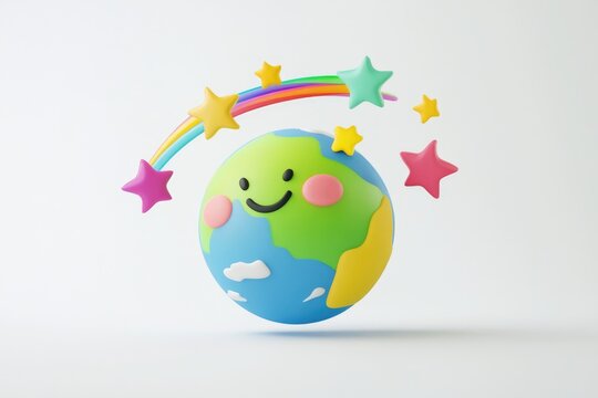 A happy cartoon Earth with a rainbow and stars, symbolizing environmental care and joy.