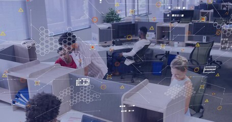 Poster - Man leaning over cubicle discussing technology project in office, displaying hexagonal HUD graphics