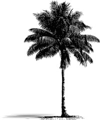 black and white illustration of a detailed palm tree silhouette in sketch style. vector illustration