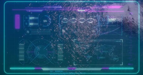 Poster - Futuristic sci-fi HUD interface displaying neon cyan magenta overlays with radar globe gauge graphs