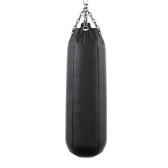 Fototapete - Boxing Bag 3d Render, Heavy Punching Bag Isolated, Fitness Equipment. Sturdy Chains Supporting The Bag. Training Aid Against A Plain Background. White Backdrop For Easy Use.
