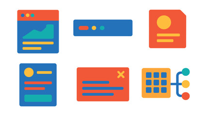 Flat vector icons of web applications: dashboard interface, app bar, navigation drawer, single-page icon, form component, modal window, data grid, app router.