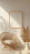 © Iryna - A 3D rendering depicts a pristine white wooden frame set against the backdrop of a cheerful beach house interior, complete with whitewashed walls, abundant natural light, and vibrant textiles