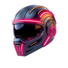 Poster - Futuristic Neon Helmet Design, A Sleek 3d Render, Perfect For Gaming Visuals. Isolated Against A Clean White Background. An Innovative Protective Gear Concept, Modern Headgear.