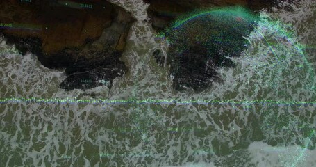 Poster - Ocean data visualization being animated from aerial view, with foamy waves and dotted data points