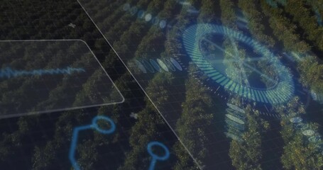 Poster - Circular data chart hovering above orchard rows, displaying grid overlay and waveform traces