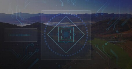 Poster - 3D render showing mountain valley being overlaid with circuit lines HUD graphic and waveform panel