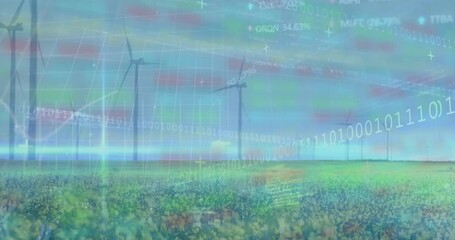 Poster - Wind turbines spinning over yellow wildflower field, streaming data charts and binary code overlays