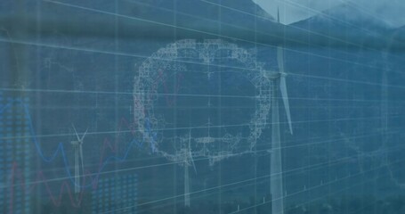 Poster - Wind turbines being animated in 3D render, overlaid with grid lines and data charts