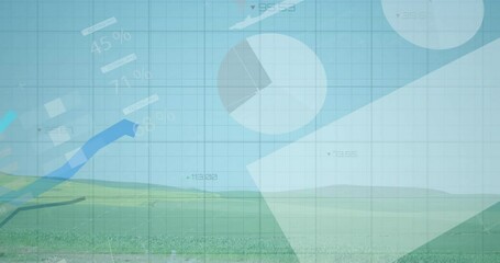 Poster - data visualization overlay being animated in scene, with translucent grid, pie charts, line graphs
