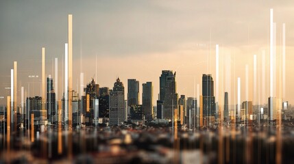 Poster - Soft Focus City Skyline with Business Design Elements at Dusk