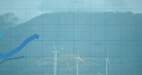 Poster - Wind turbine towers being overlaid with flat design digital grid, showing rising trend lines