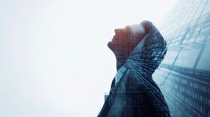 Poster - Double Exposure of Businessman Looking Upward Against Urban Background