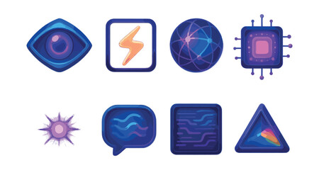 Poster - Vibrant  cyber icons set: eye, lightning, network, chip, star, message, waves, triangle