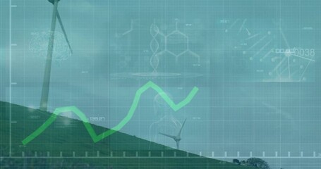 Poster - Wind turbines rotating on grassy hill while augmented reality interface showing trendline DNA helix