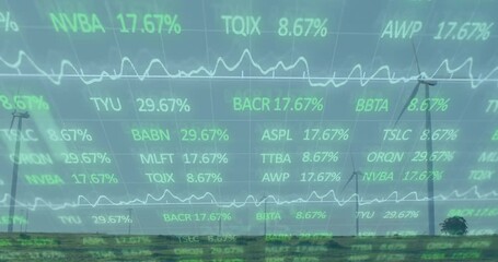 Poster - Green data overlaying rural landscape, showing stock tickers and percent graphs above wind turbines