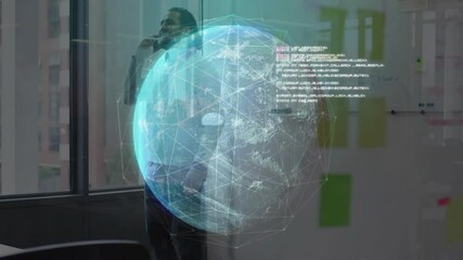 Poster - IT manager making smartphone call in office, displaying holographic globe, code and sticky notes