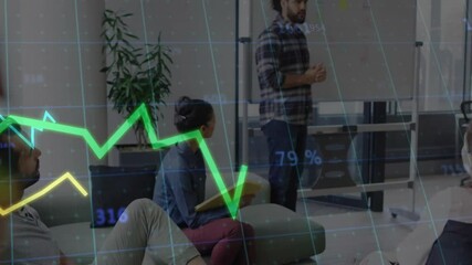 Poster - Man presenting business data on mobile whiteboard, with digital green yellow line graphs overlaying