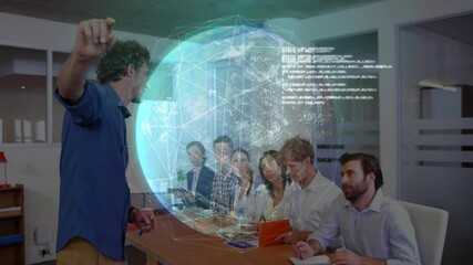 Aufkleber - male presenter gesturing in business meeting, team taking notes on tablets with 3d globe code