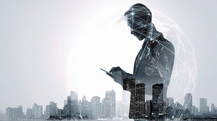 Poster - Dynamic Double Exposure of Businessman Using Digital Tablet in City