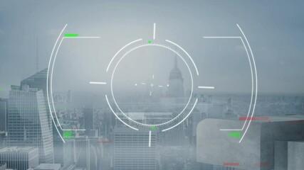 Poster - semi-transparent digital HUD displaying circular reticle over dense urban skyline with glitch lines