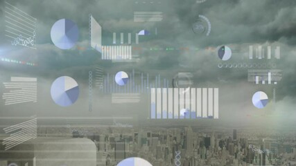 Poster - flat design HUD elements floating over urban skyline from rooftop view, displaying data charts