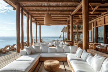 Wall Mural - a beach club hotel lounge with white sofas and wooden structures, featuring an open-air design overl