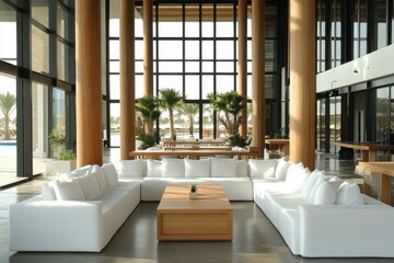 Wall Mural - an interior design of the lounge area with white sofas and wooden tables, surrounded by large window