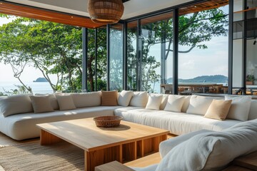 Wall Mural - an interior design of a modern living room with a white sofa and wooden table, large windows overloo