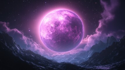 Wall Mural - Mysterious and serene scene of a glowing purple planet set against a mountainous landscape and cloudy sky. The celestial body radiates a soft, ethereal light, offering a sense of wonder