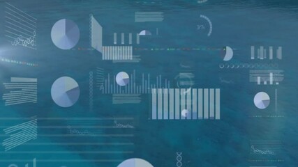 Poster - Displaying translucent data charts over turquoise ocean backdrop, showing animated flat design