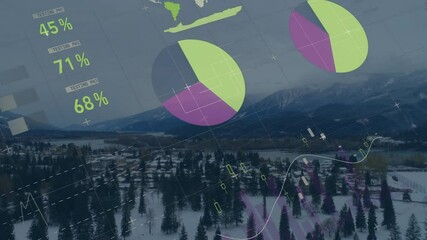 Poster - Aerial mountain town scene presenting translucent data overlays over frozen lake with pastel charts