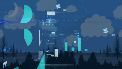 Poster - Pine trees spreading across hills under deep blue sky featuring flat design glitching data panels