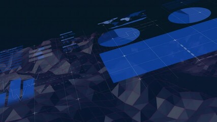 Poster - Large solid blue panel extending diagonally, revealing dark low-poly mesh with floating pie charts