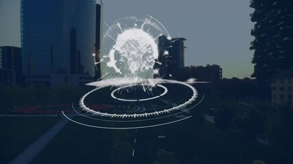 Poster - Floating holographic globe spinning above urban park, showing circular data rings in flat design