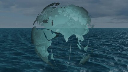 Poster - 3D render digital globe displaying green continents floating above dark ocean waves with grid