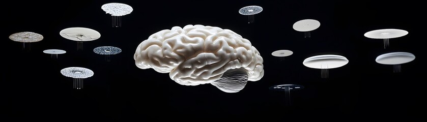 Poster - A conceptual image of a human brain surrounded by abstract circles representing thoughts and ideas. The visual demonstrates the complexity of mental processes.