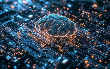 Poster - A conceptual image depicting a brain intertwined with a digital circuit, representing the fusion of artificial intelligence and human thought in technology.