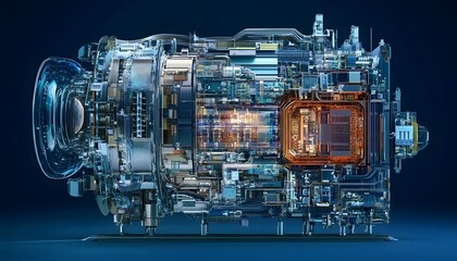 Poster - A detailed close-up of a modern engine showcasing its intricate components and advanced design, illuminated against a dark background, symbolizing innovation and engineering.