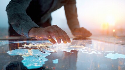 Poster - Businessman Working on Futuristic Touchscreen Table Displaying Map