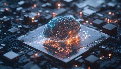 Poster - A futuristic digital brain glowing on a microchip, symbolizing artificial intelligence and the intersection of technology and human intellect.