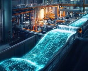 Poster - A futuristic industrial scene featuring a digital flow of information and automated machinery, highlighting the integration of technology and manufacturing processes for optimal ef