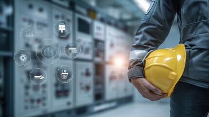 Fototapete - Industrial Engineer Holding Hardhat in Electric Control Room