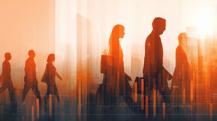 Poster - Silhouette of Office Workers Walking in a Glowing Cityscape Setting