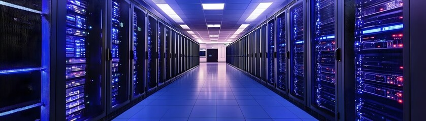 Poster - A modern data center featuring rows of servers illuminated with blue lighting, representing advanced technology and digital infrastructure for data storage and processing.