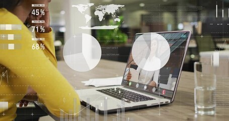 Poster - woman conducting remote business meeting via laptop, showing animated graphs and world map